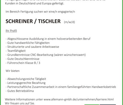 Schreiner / Tischer gesucht